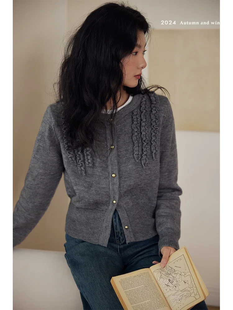 

Женская трикотажная кофта Eggka Commuter Sle с деревянными пуговицами и оборками, на одной пуговице, 3D-эффект, осень-зима, новинка