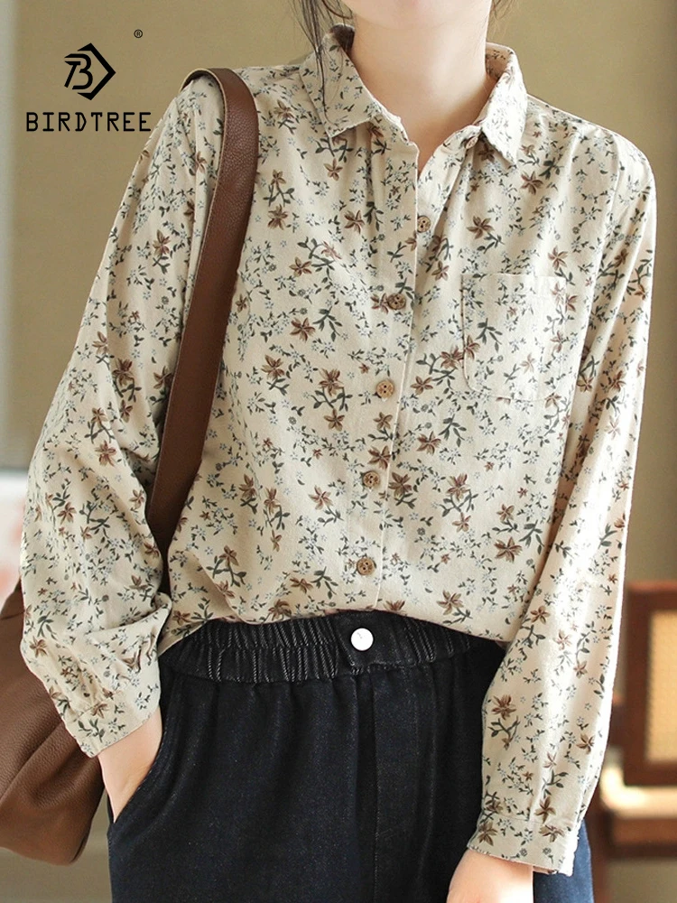 Novo 2025 inverno algodão manga longa camisa escovada, feminino turn-down colarinho impressão, mori menina redução de idade blusa solta t5n020cc