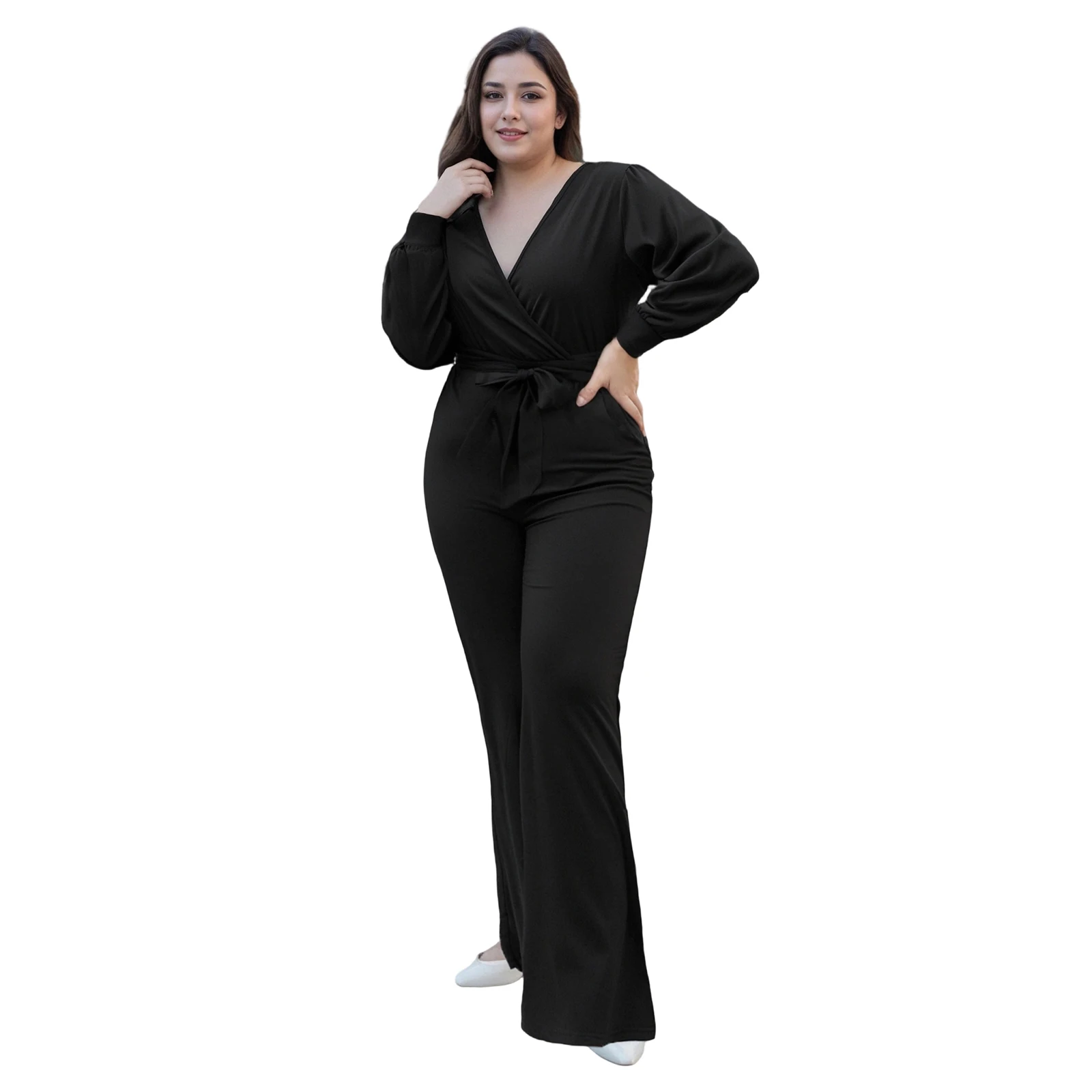 Plus Size Pant Jumpsuit for Women Solid Color V Neck Long Sleeve Straight Leg Romper with Belt