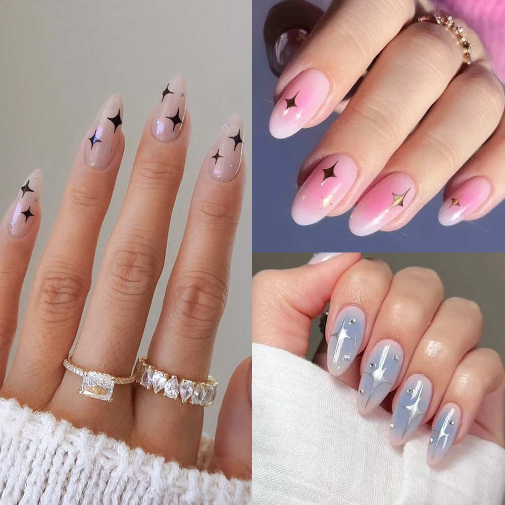 6 個 3D Y2K スターネイルアートステッカーレーザーゴールド/シルバークロススターライト/レター/ハート自己粘着デカールマニキュア装飾スライダー