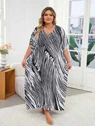 Elegant Striped Side Split Plus Size Kaftan Dress For Women 2024 Summer Sexy V Neck Batwing Sleeve Beachwear Maxi Dresses Q1594