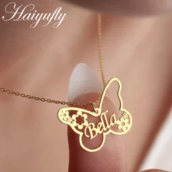 Haiyufly Personalized Custom Names Butterfly Necklace for Women Stainless Steel Pendant Link Chain Birthday Jewelry Kids Gift