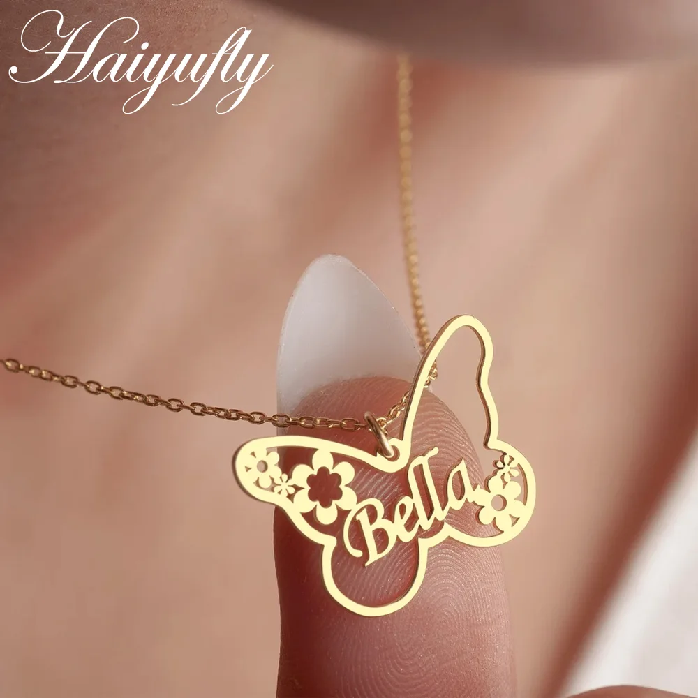 Haiyufly Personalized Custom Names Butterfly Necklace for Women Stainless Steel Pendant Link Chain Birthday Jewelry Kids Gift