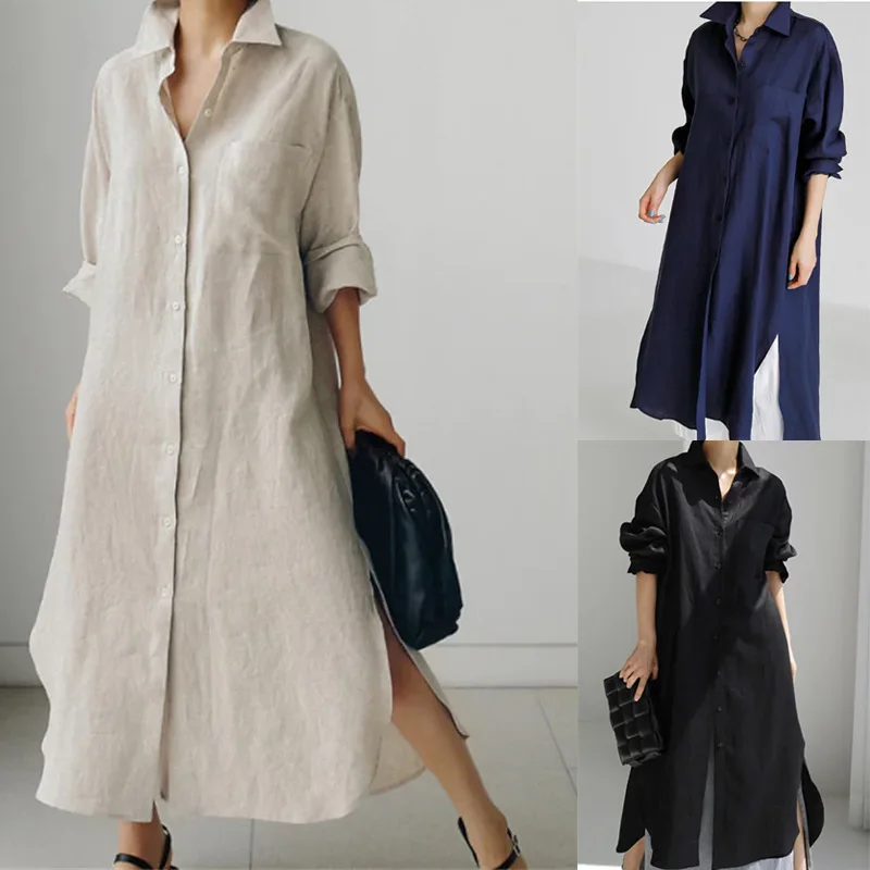 

New European And American Linen Cotton Shirt Dress Loose Irregular Layering Long Tunic Open Front Casual Maxi Dress For Women