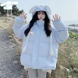 Cartoon Sanrioed Cinnamoroll Down Jacket Ears Can Move Kawaii Anime Winter Student Thickened Women Hooded Cotton Coat Loose Coat