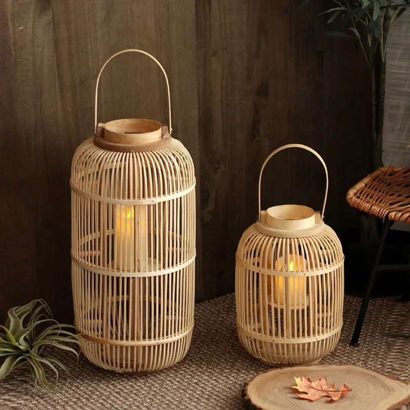 

New Chinese Style Landing Candle Holders Handmade Bamboo Weaving Tea Room Hotel Decorative Candlesticks Courtyard Lantern Retro