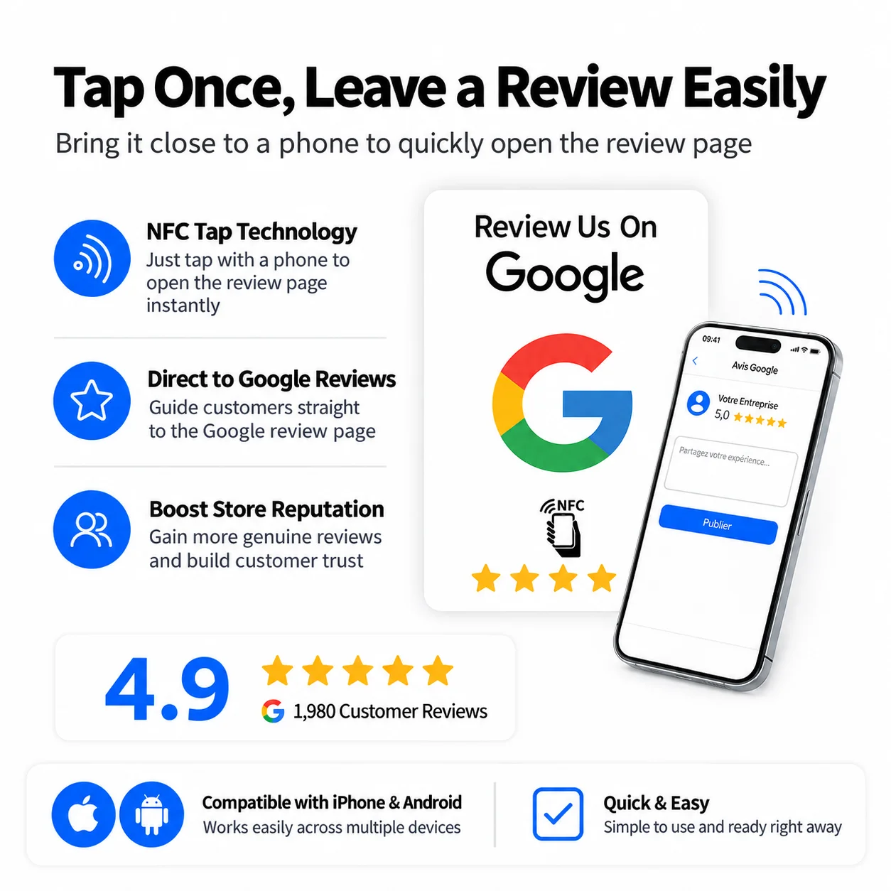 Black & White Double-Sided NTAG215 NFC Google Review Card, Reusable Programmable Tap Card for Customer Feedback, User-Friendly