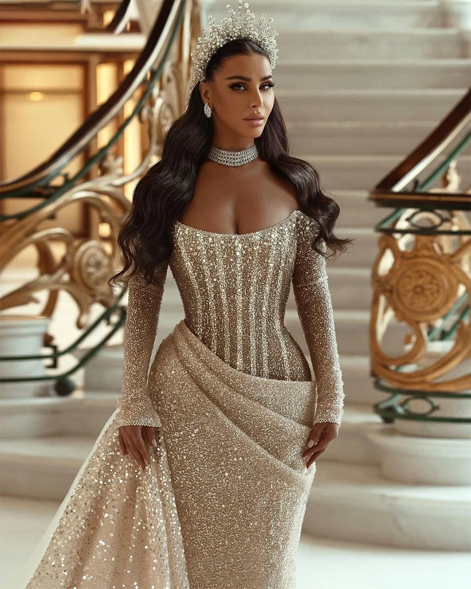 Saudi-Dubai-Glitzer-Meerjungfrau, schulterfrei, formelles Abendkleid 2025, lange Ärmel, glitzernde Pailletten, Damen-Feier-Party-Abschlussballkleid