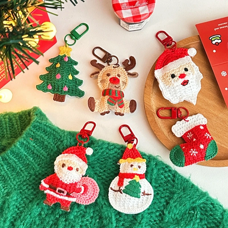 Knit Santa Keychain Cartoon Claus Key Fob Cute Xmas Tree Keyring for Christmas Decoration Phone Backpack Purse Gift Party Favors