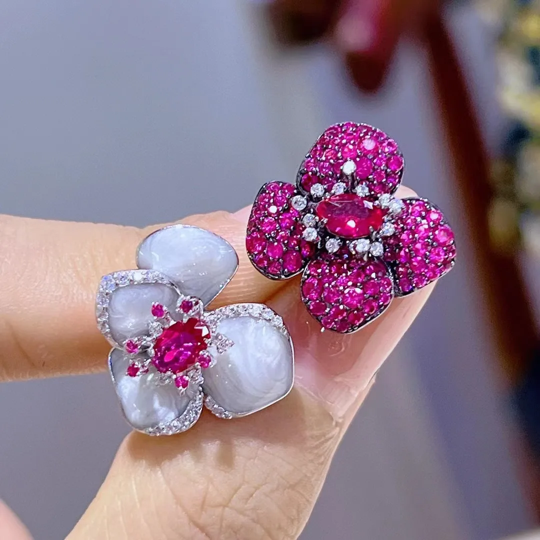 High Quality 925 Sterling Silver Color Handmade Flower Crystal Stud Earrings For Women MultiColor Charm Zircon Ear Hoops Jewelry