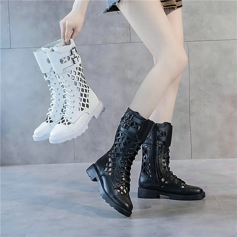 

Women's Summer Knee High Boots Hollow Out Sexy Round Toe Cowhide Leather Square Heel Woman Back Zipper Booties Shoes