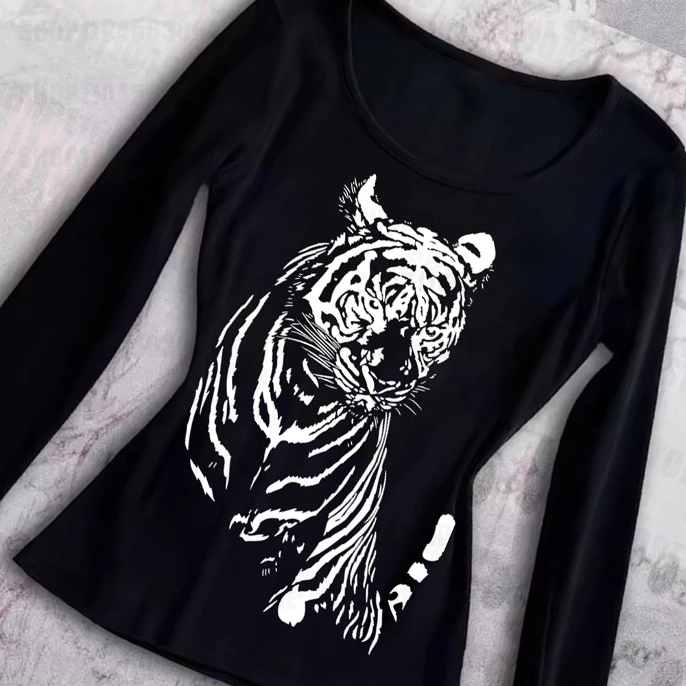 تي شيرت Y2K نسائي مضحك ورعب وممتع بنمط نمر مطبوع بأكمام طويلة مضحك يومي متعدد الاستخدامات