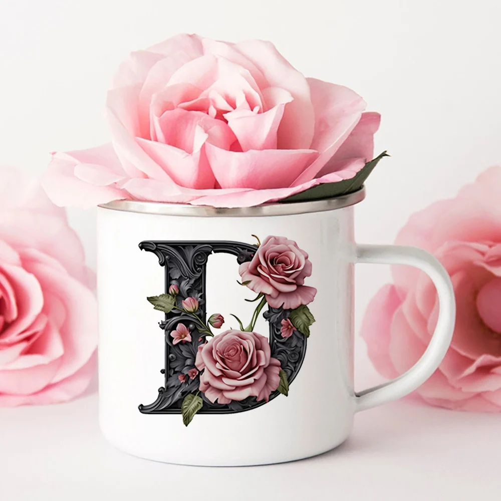 Initial Letter Monogram Floral Alphabet Coffee Cup Initial A-Z Coffee Enamel Mug Floral Alphabet Cup Birthday & Xmas Gifts