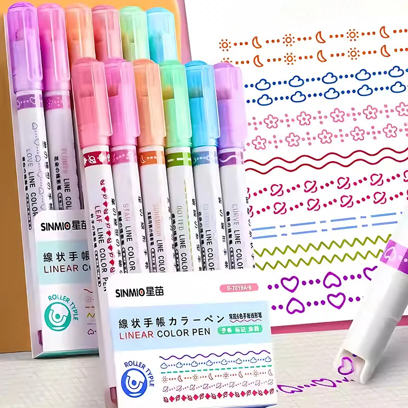 6Pcs/Box Colorful Roller Pattern Pens for Creative Journal Students Highlighter Marker Pens Planners Hand Account Graffiti Tools