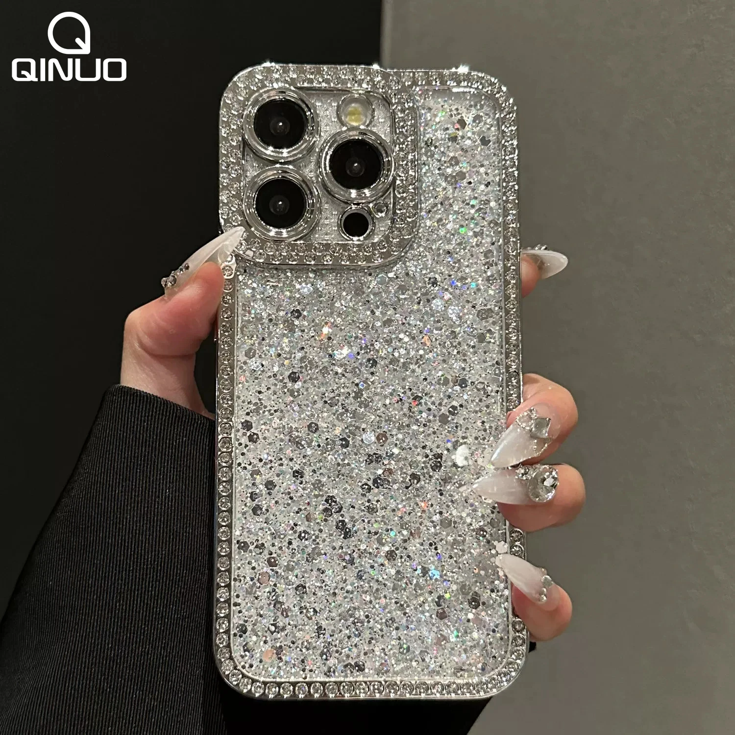 Custodia con paillettes glitterate con cornice in diamante di lusso per iPhone 15 14 13 12 11 Pro Max Plus Cover antiurto in silicone morbido trasparente