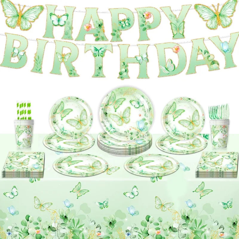 Farfalla verde Fiore Festa di compleanno Battesimo Forniture a tema Tazza di carta Tovaglioli Banner Decorazione tovaglia