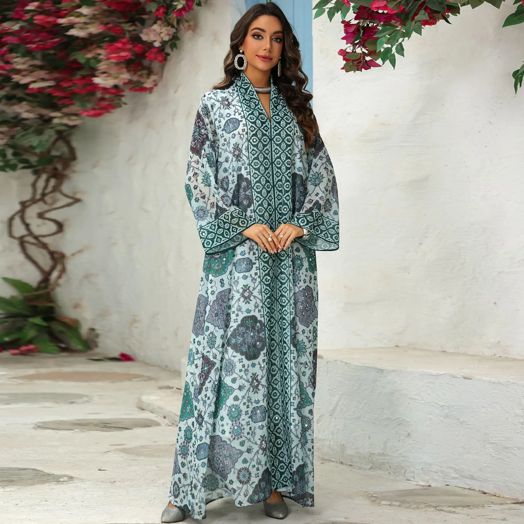 

Lightweight ChiffonAbaya FloralPrint Pullover Elegant Dress FullLength BellSleeve Kaftan Dress Islamic Modest Evening Gown