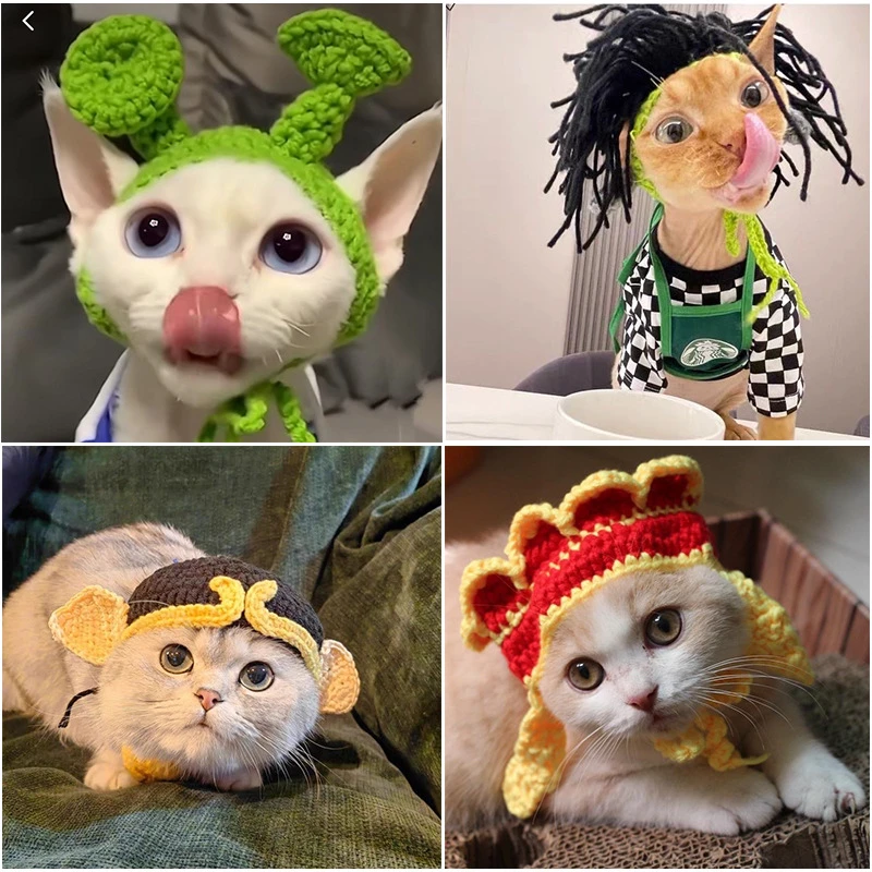 Winter Warm Costume Accessories for Cats Cosplay Funny Animal Flower Knitting Pet Dog Cap Adjustable Head Wear Pet Products