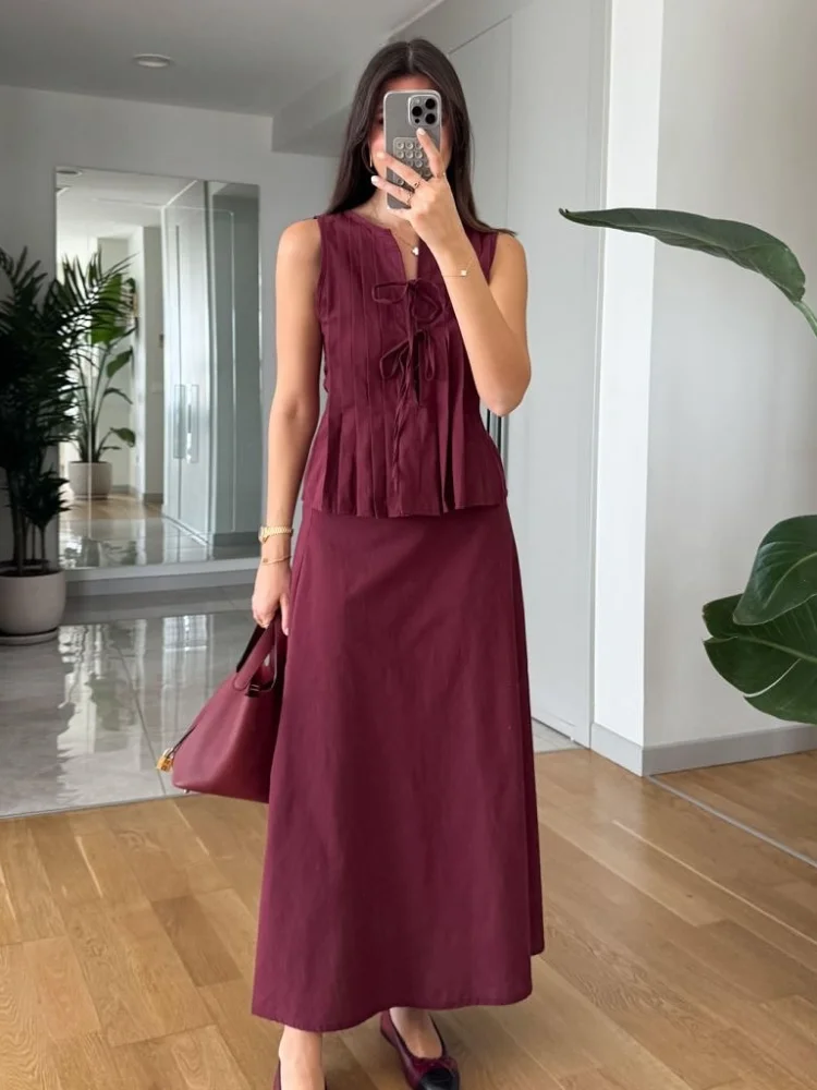 

Elegant Wine Red Lace Up Women's Vest Skirt Sets Sleeveless Round Neck Pleat Hem Maxi Dress Suit For 2025 Summer Party Lady Wear