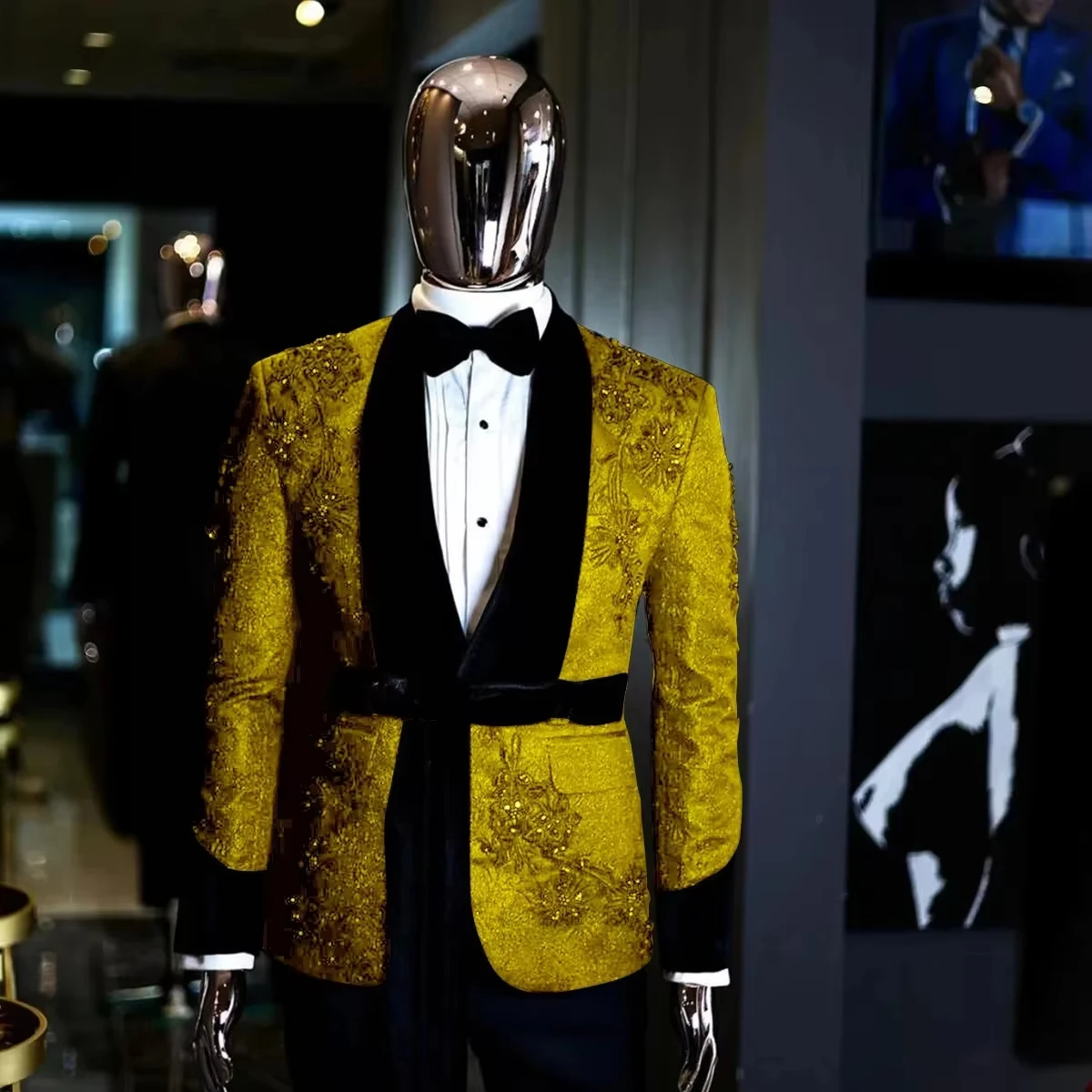 Aangepaste Mannen Pakken Bruiloft Maatwerk Party Tuxedo 2 Stuks Slim Fit Gedrukt Blazer Jas Kristal Bruidegom Prom Zanger Bruidegom