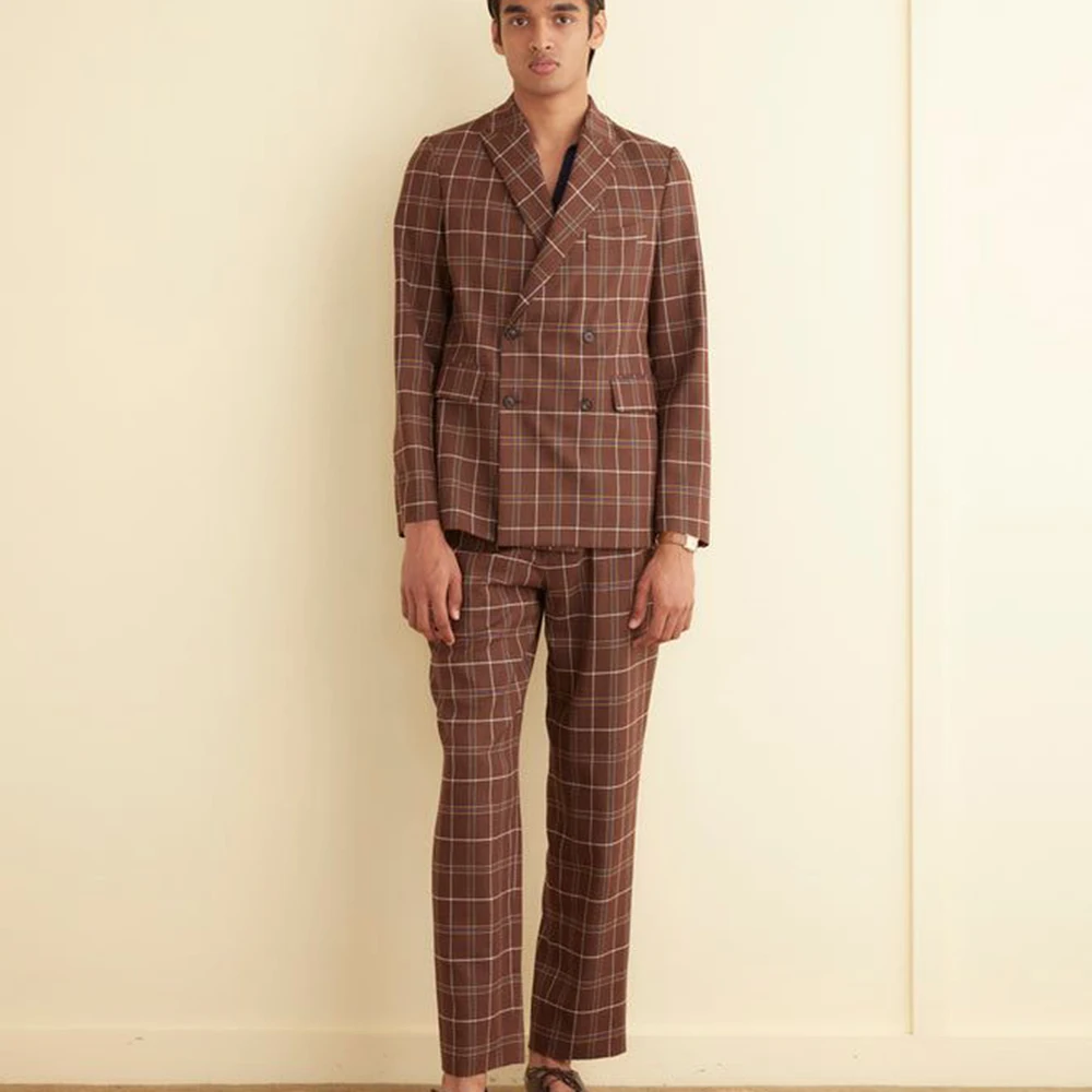 

Luxury Brown Suits for Men 2 Piece Plaid Jacket Pants Blazers Sets Double Breasted Banquet Office Slim Fit Party Male Clothing