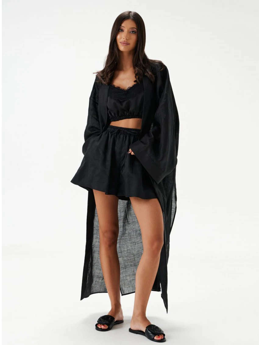 Marthaqiqi Loose Female Pajamas Set Long Sleeve Robe Sex V-Neck Sleepwear Lace Up Nightgowns Shorts Cotton Women Nightwear Suit