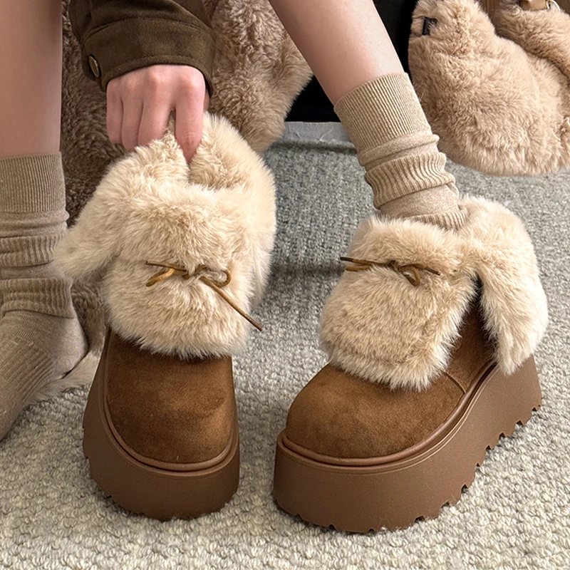 

Flats Platform Women's Ankle Boots Fur Warm Cotton Shoes Fashion Short Plush Snow Boots 2025 New Cozy Designer Suede Mujer Botas