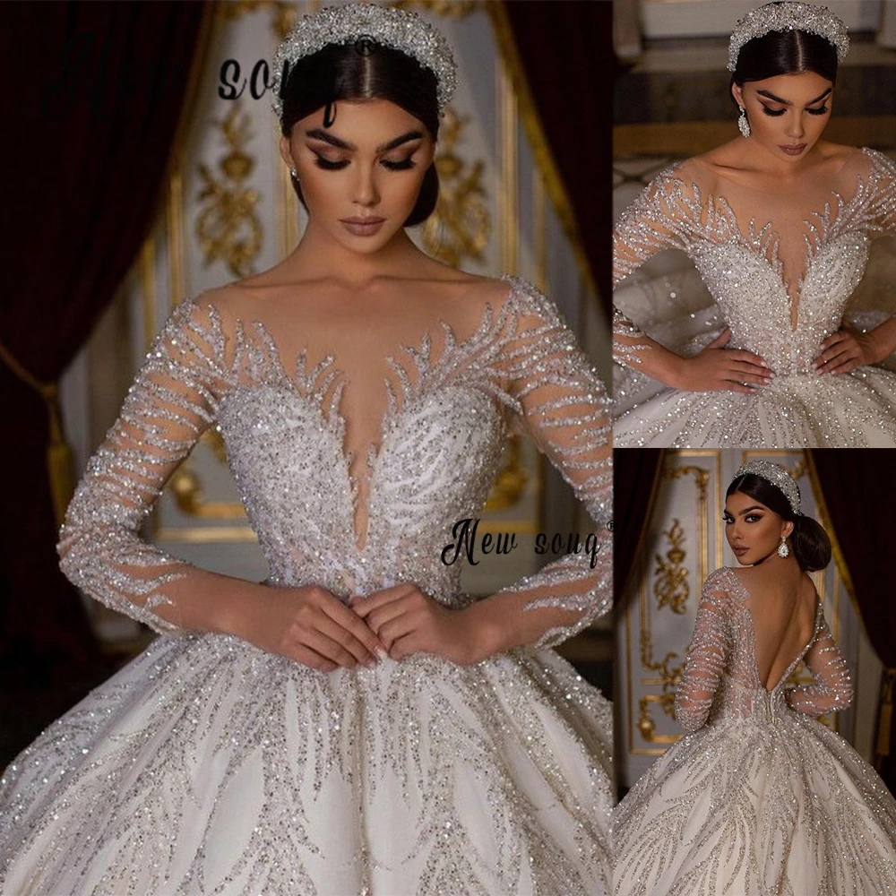 Luxury 2024 Backless Beaded Wedding Dress Sheer Neck Ball Gown Bridal Gowns Long Sleeve Wedding Gowns Vestido De Novia