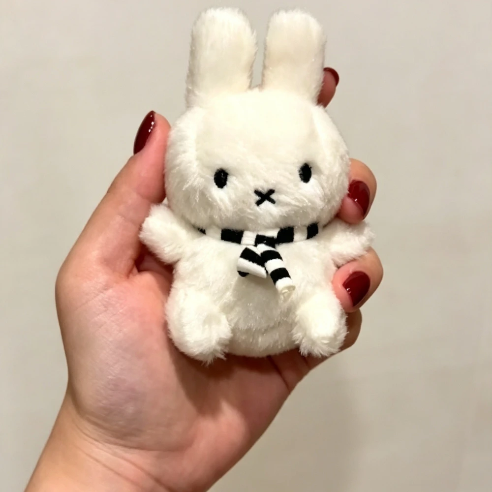 Kawaii Miffy Keychain Cartoon Rabbit Pendant Black White Striped Scarf Mini Plush Doll Bag Car Ornament Christmas Birthday Gift