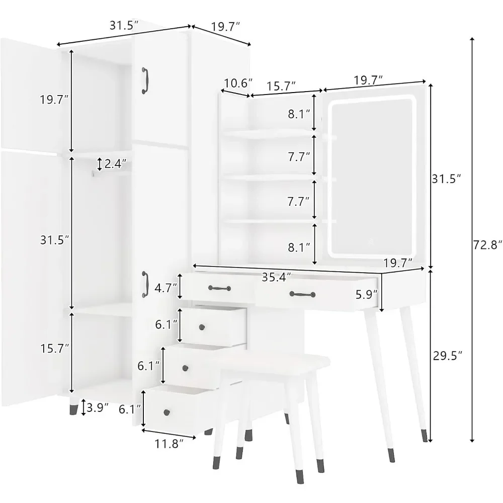 Make-up make-up bureau met 4-deurs slaapkamerkast, verlichte spiegel, 5 lades, nachtkastje en opbergplanken, hoge kast