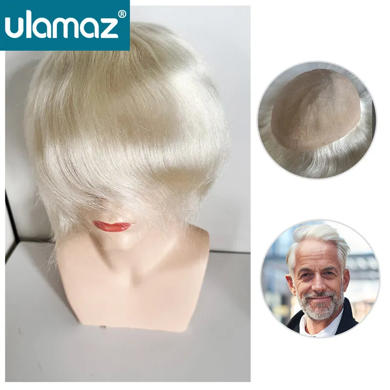 French Lace Male Hair Prosthesis Silver White Hair Wigs For Man Full Lace Toupee Human Hair Man Hair System Double Knots Men Wig