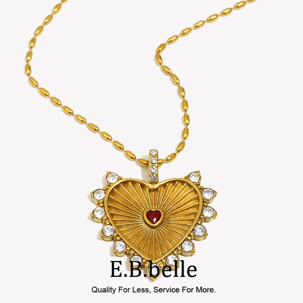 Ebbelle estilo fofo cheio de zircão coração vermelho pingente charme colar de aço inoxidável sinal doce banhado a ouro joias sem manchas