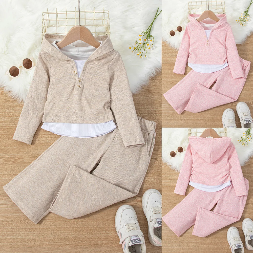 Conjunto informal de dos piezas con capucha y pantalones de manga larga para primavera/otoño de Color sólido para niña, traje de moda, moda infantil C