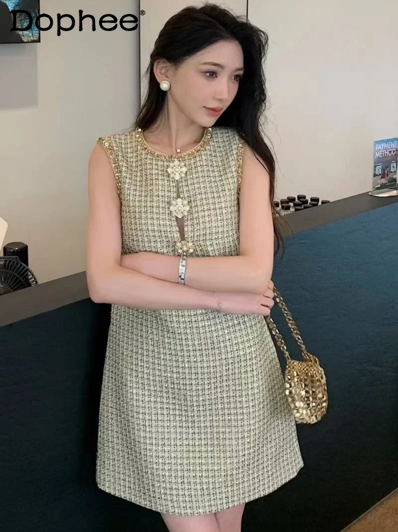 

Celebrity Style Diamond-encrusted Woven Plaid Sleeveless Dress round neck Heavy Industry Bead Sequins Hollow Party dress