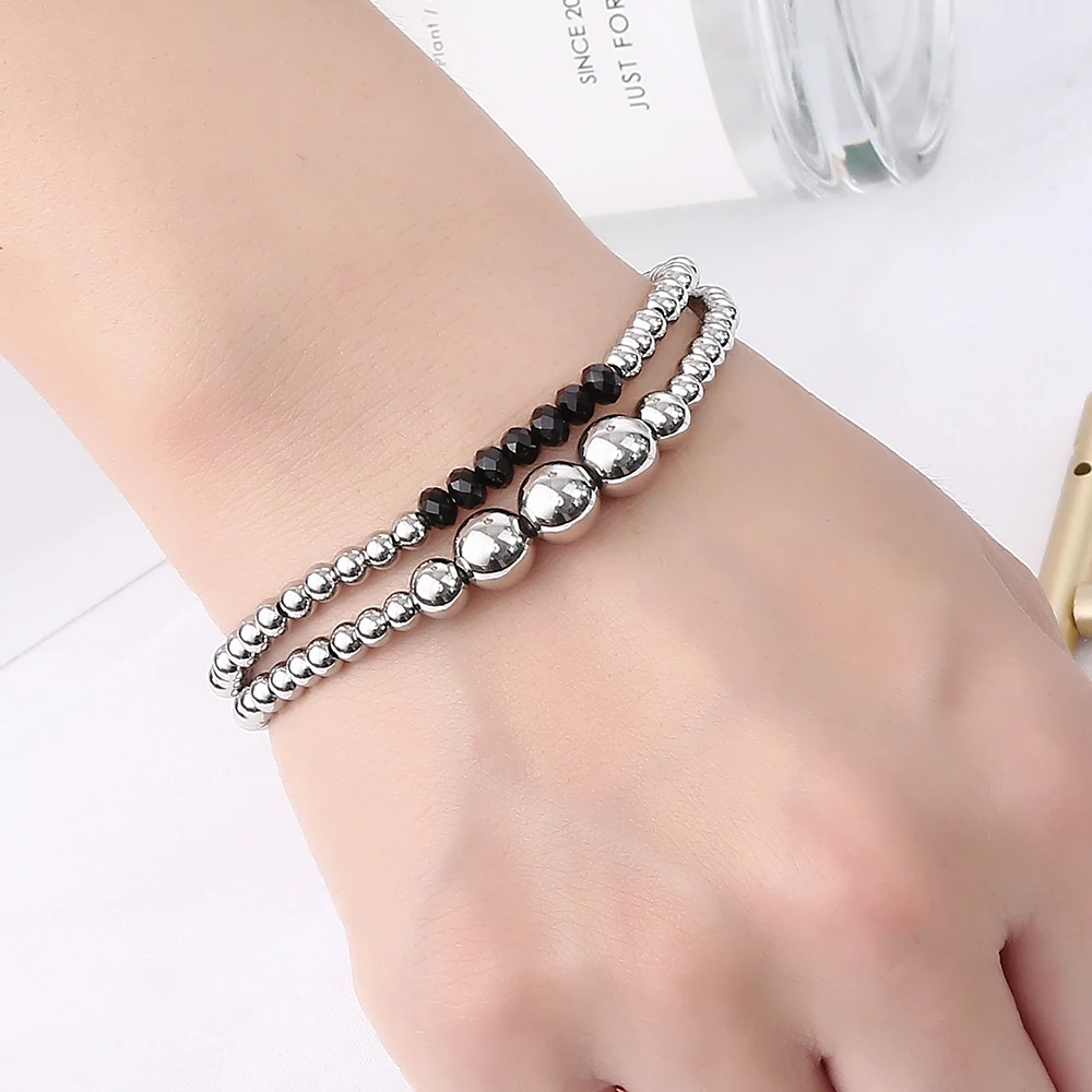 Fashion Jewelry Women Handmade Beading Waterproof Durable Titanium Steel Smooth Ball Cutting Surface Crystal Elasticity Bracelet