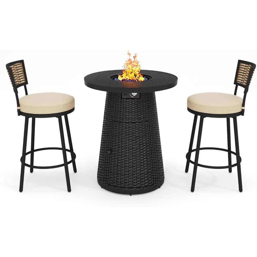 

3-Piece Outdoor Patio Set with 37" Propane Fire Table & 2 Swivel Barstools - Wicker Rattan Conversation Set for Porch, Balcony &