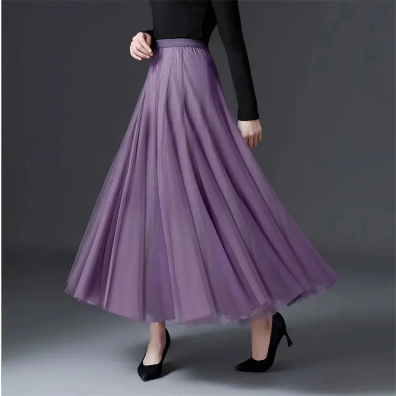 Vintage Tulle jupe femmes Streetwear élastique taille haute maille jupes plissées été élégant coréen une ligne bureau dames jupe nouveau