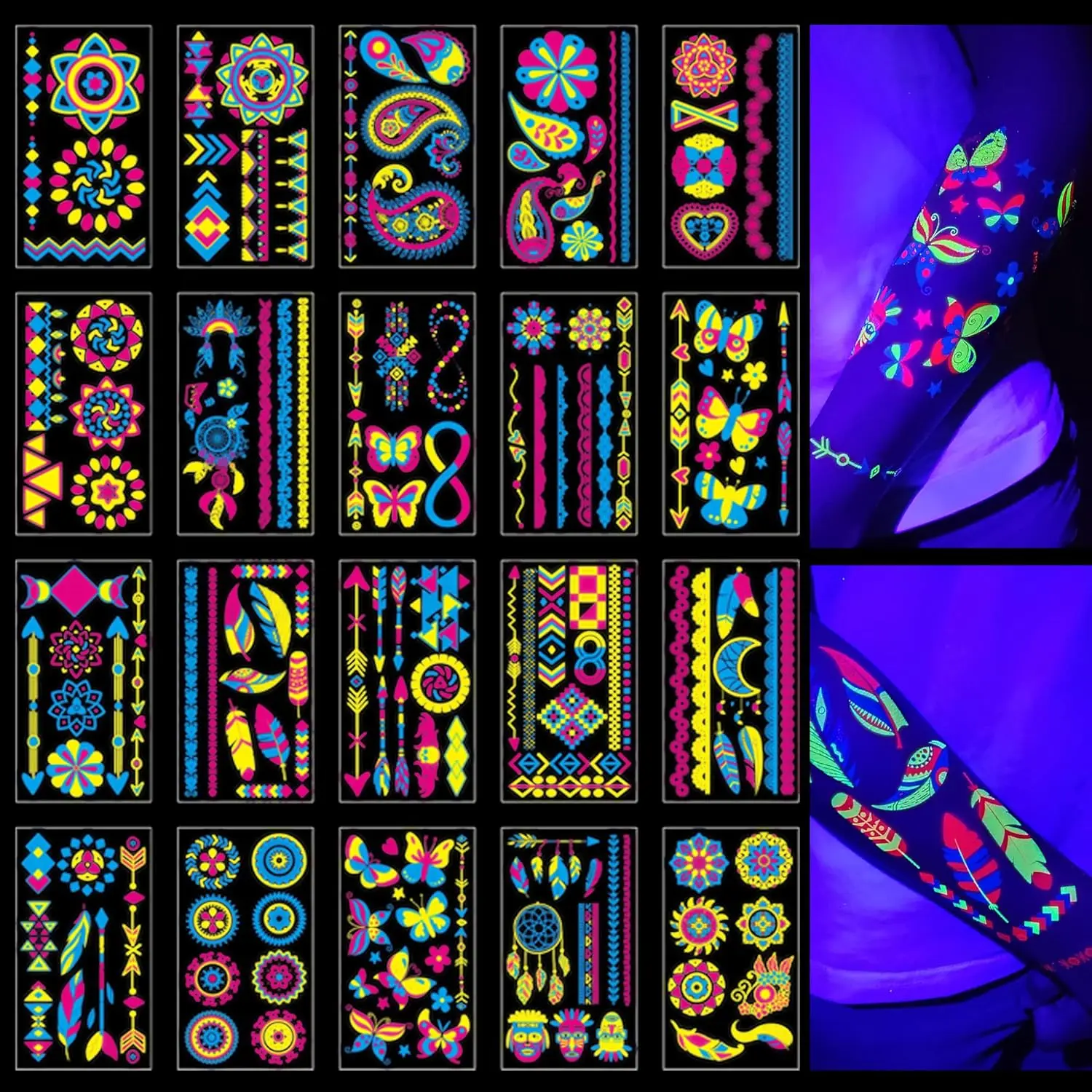 

172 PCS Glow in the Dark Tattoos – UV Blacklight Reactive Neon Body Art for Raves & Parties