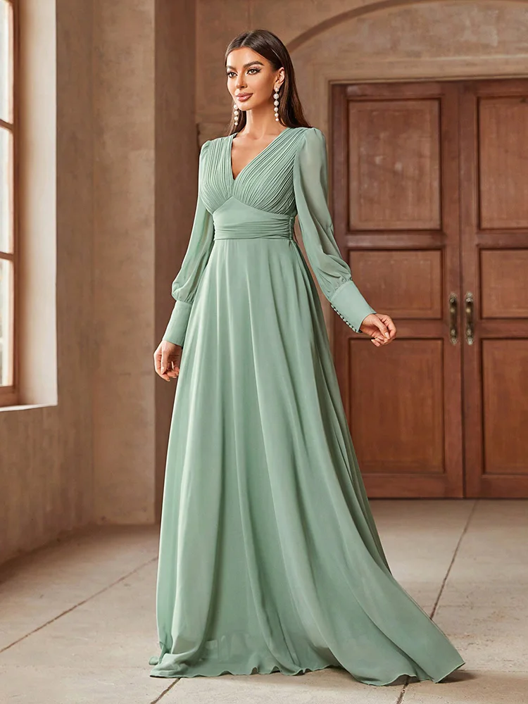 TOLEEN 2024 New Summer Luxury Elegant Party Evening Clothing Women\'s V-Neck Solid Color Elegant Banquet Match Long Sleeve Dress