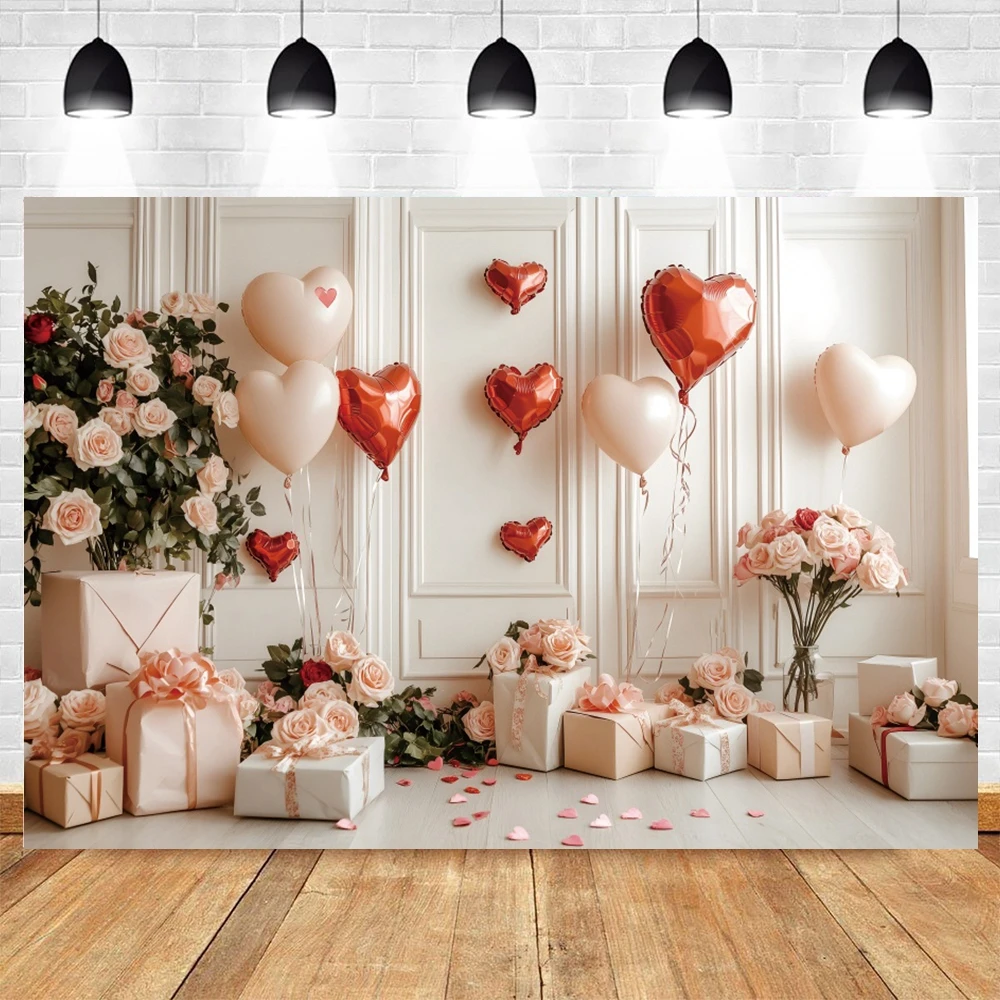 Zoete Valentijnsdag Achtergrond Witte Muur Bloemen Ballonnen Liefde Hart Geschenken Dozen Voorstellen Bruid Portret Fotografie Achtergrond