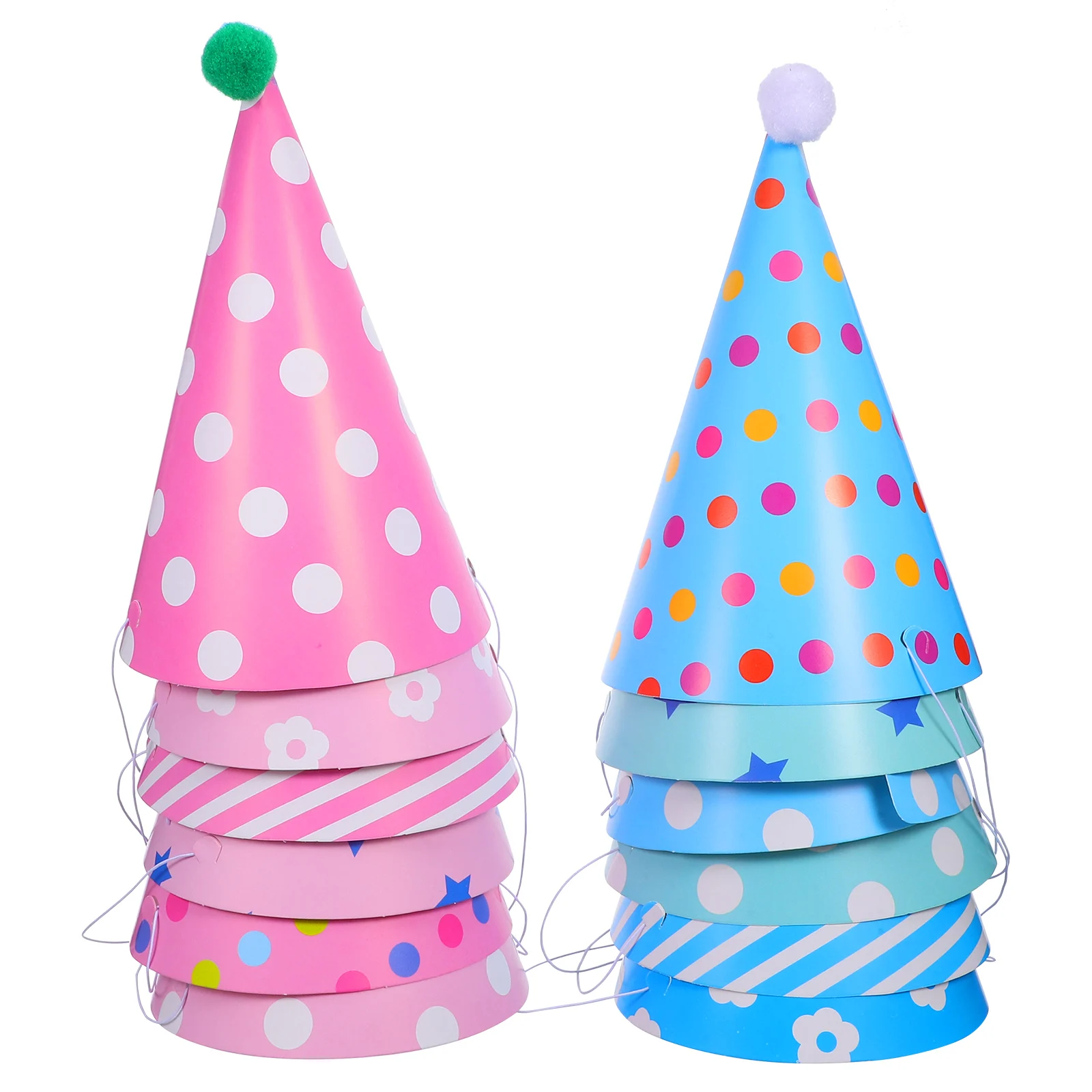 

12Pcs Birthday Party Cone Hats Kids Paper Caps Colorful Pompom Celebration Headwear Photo Booth Birthday Party Paper Hats