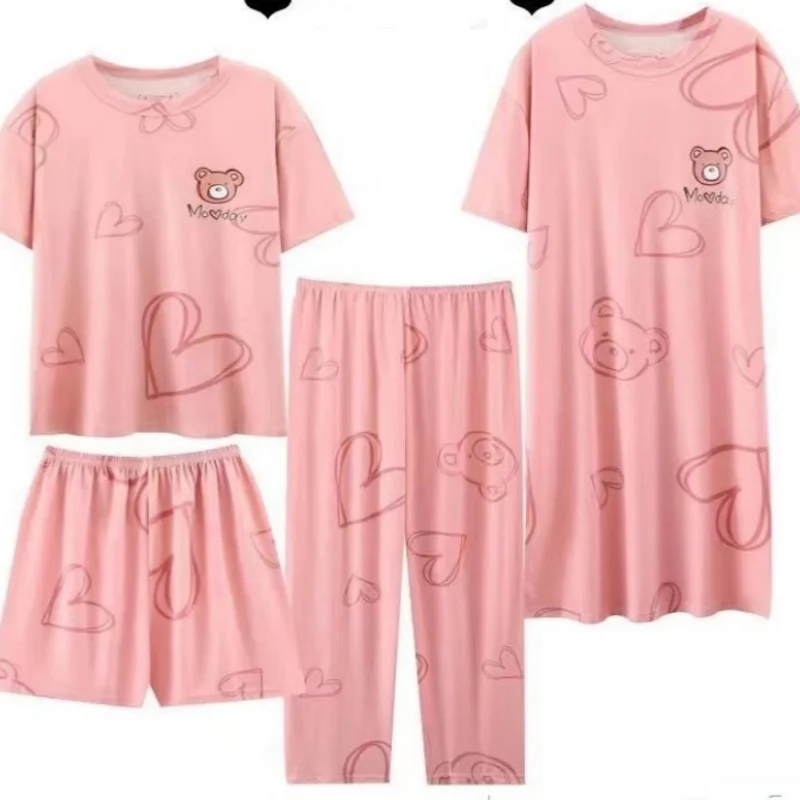 Women Summer Four Pieces Set Short Pajama With Nightdress Short Sleeve Top Shorts Pants7 Thin Printing Cartoon O-neck Loose Cute