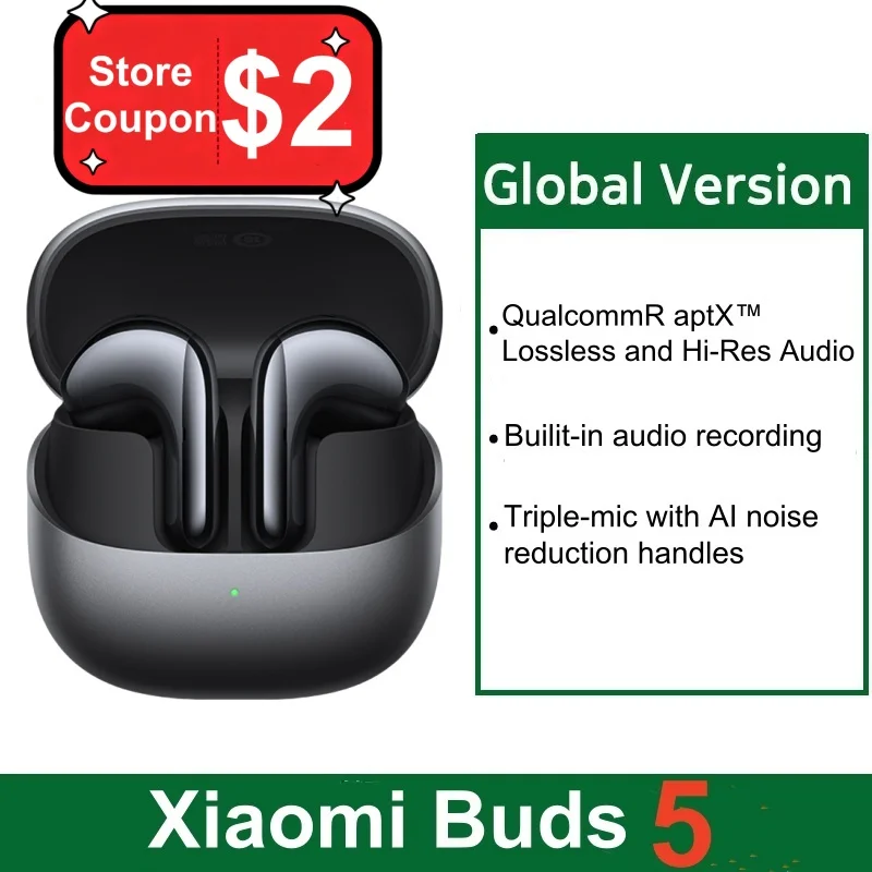 Global Version Xiaomi Buds 5 TWS Earphone Bluetooth 5.4 AI Active Noise Cancelling HiFi Earbuds Recording Voice Lossless Audio 