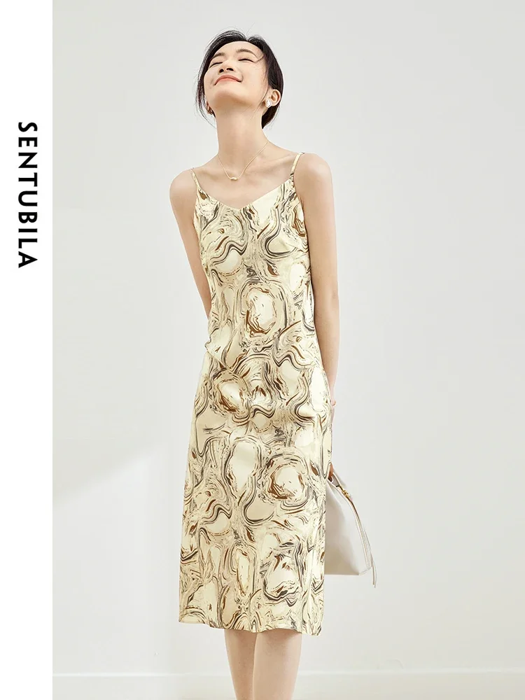 

SENTUBILA Womens Slip Midi Print Dresses 2024 Spring Summer Korean Fashion Sundress Elegant Lady Slim Camisole Dress 121L40493