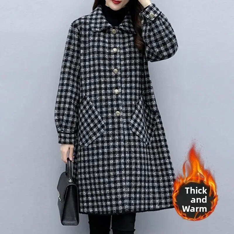 plus Size Women's Autumn Winter Plaid Coat Medium Length Fashionable Slimming Outerwear Small Fragrance Style Cotton Blend