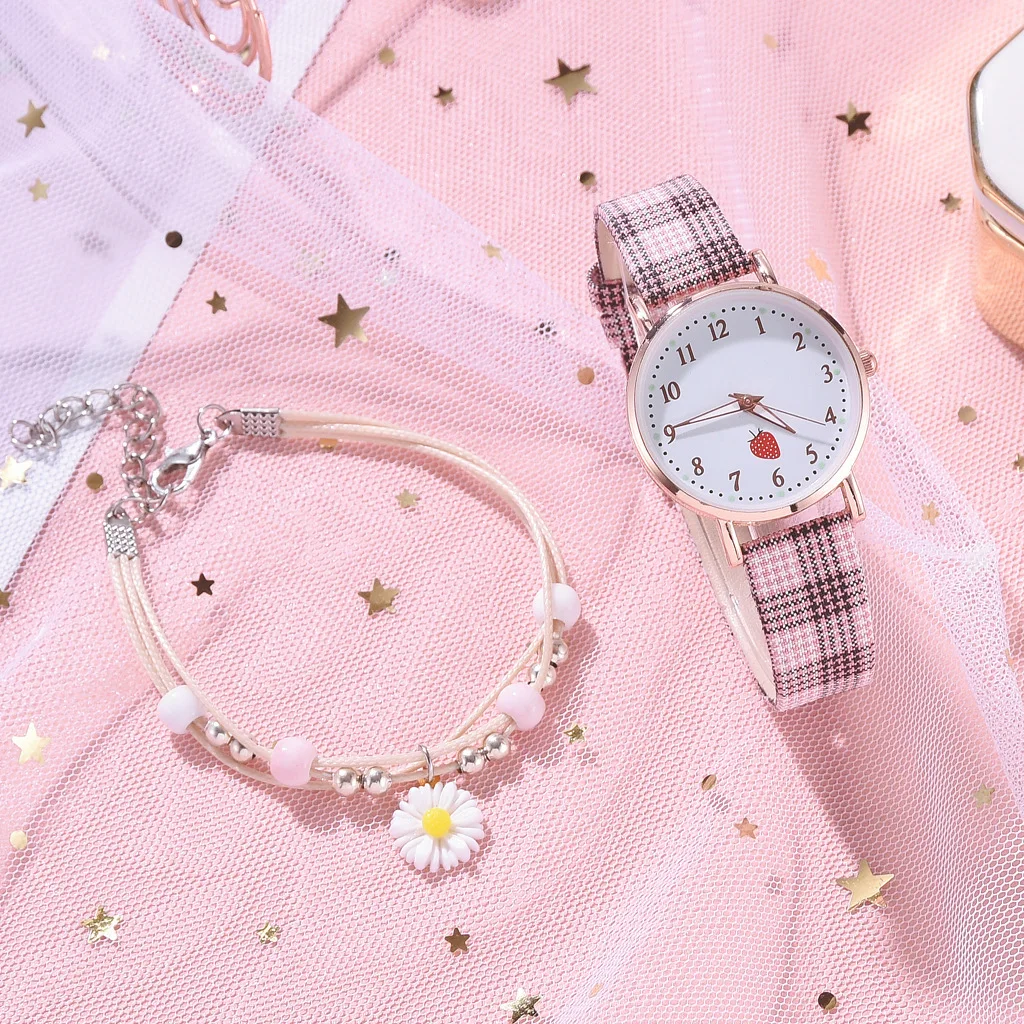 Cute Strawberry Pattern Watch Set, Relógio de quartzo versátil para meninas, elegante