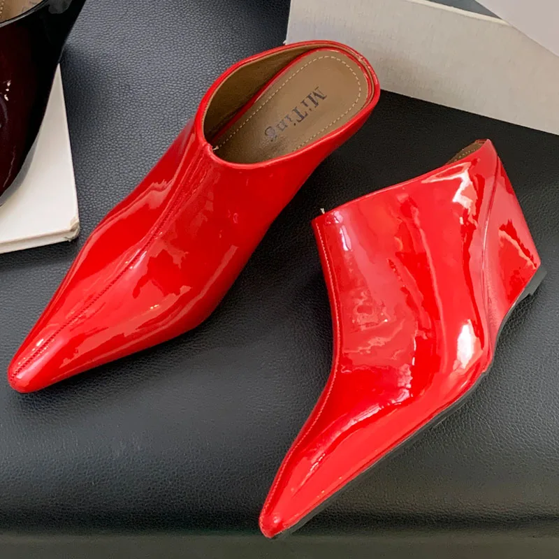 2024 New Fashion Pointed Toe Women Wedges Slippers Shoes Female Slides Wedges Pumps Slippers Shoes For Ladies Mules Red Footwear