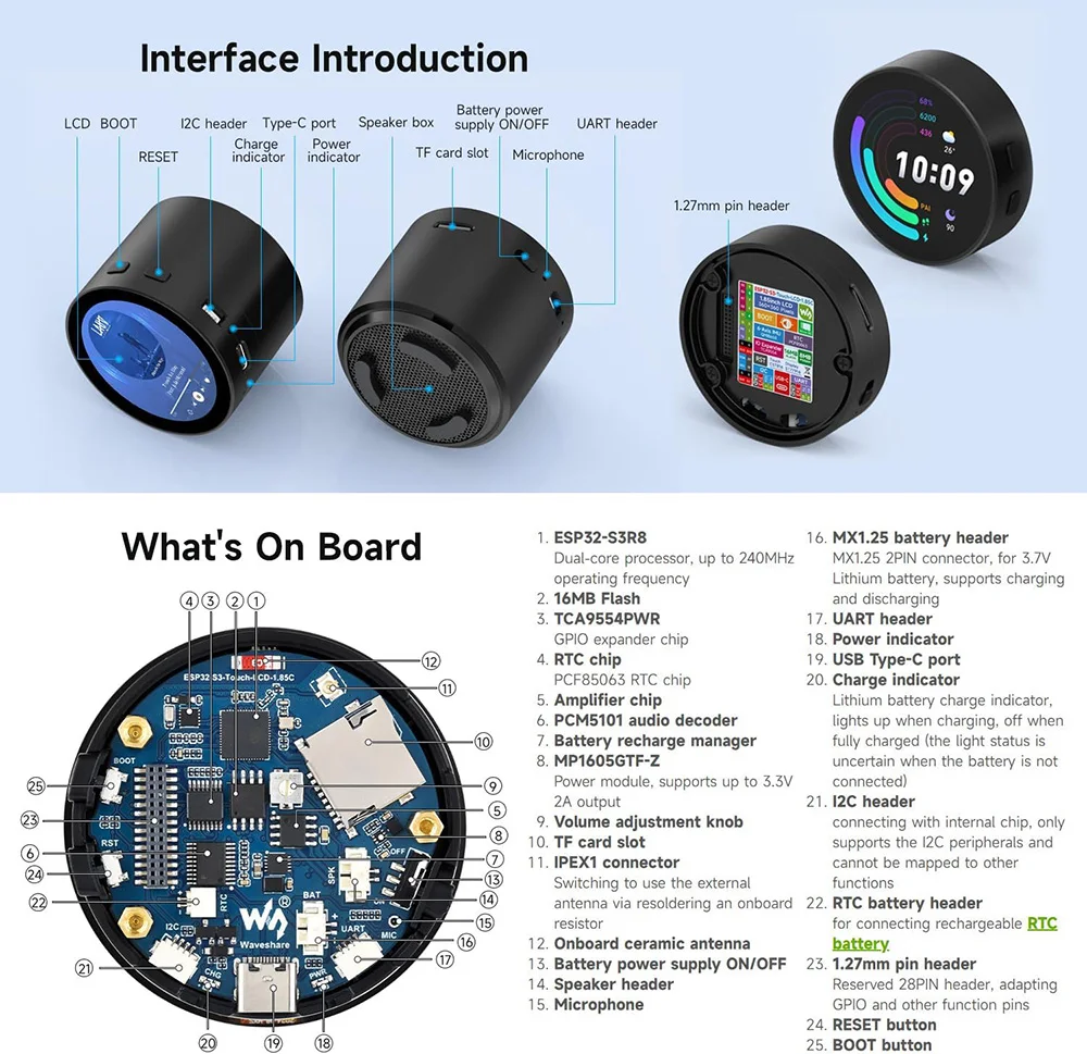 Waveshare ESP32-S3 1.85 بوصة لوحة تطوير LCD مستديرة 360x360 AI صندوق مكبر الصوت ESP32 عرض لاردوينو IDE ESP-IDF