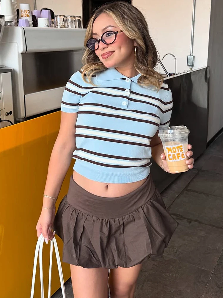 Trendix Women Knit Shirts 2026 Summer Vintage Striped Button Patchwork Polo Shirt Street Casual Commute Office Short Sleeve Top