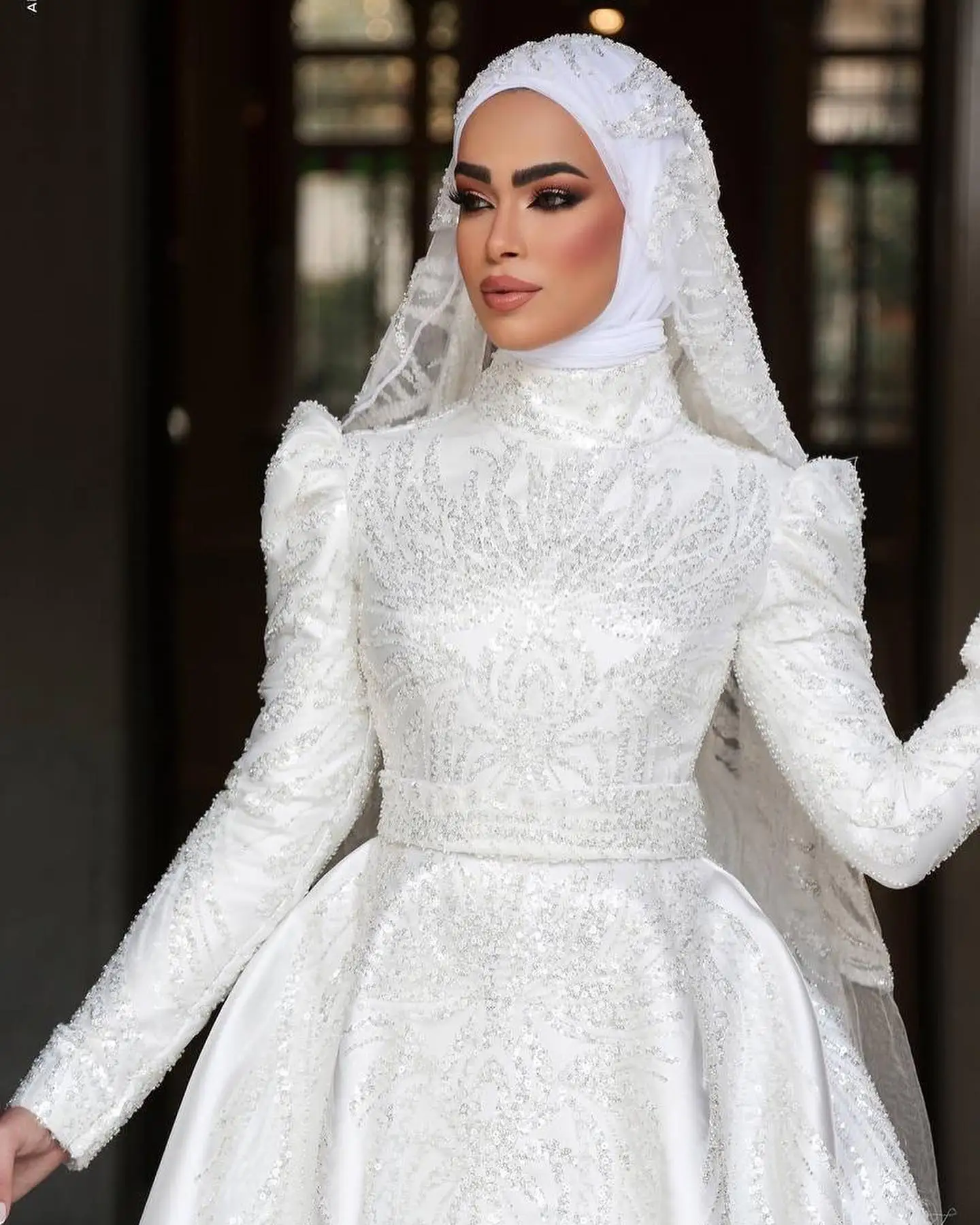 Roseann Wedding Dress Muslim Exquisite A-line Draped Pleat Sequin Applique High Collar vestido de novia Bride Dresses Customized